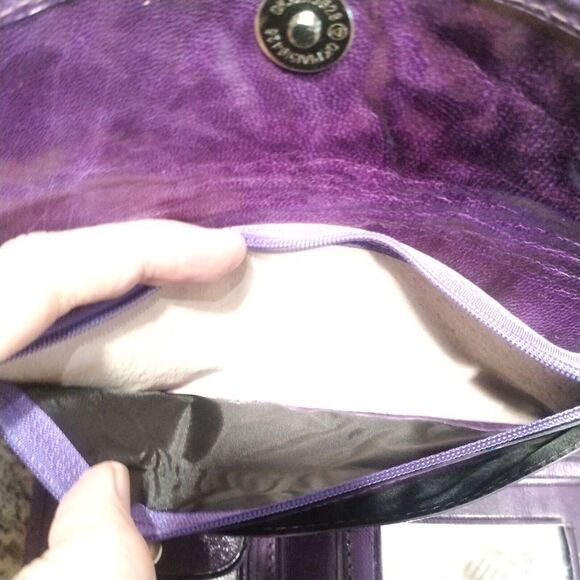 Mexican Hand Tooled Leather Trifold Clutch Wallet Clutch Floral Deep Purple - Picture 8 of 8